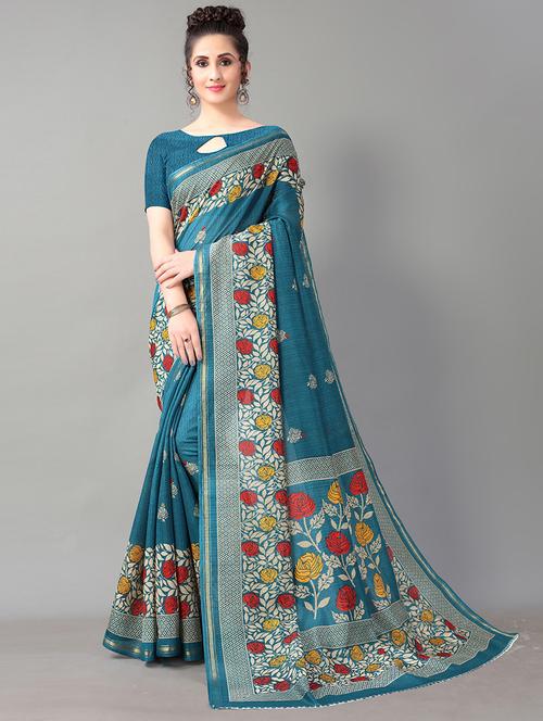 women teal floral printed saree - 21337551 - Very Small Image - 1