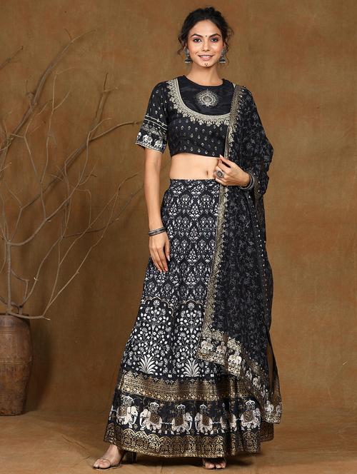 black silk blend flared lehenga - 21337663 - Very Small Image - 1