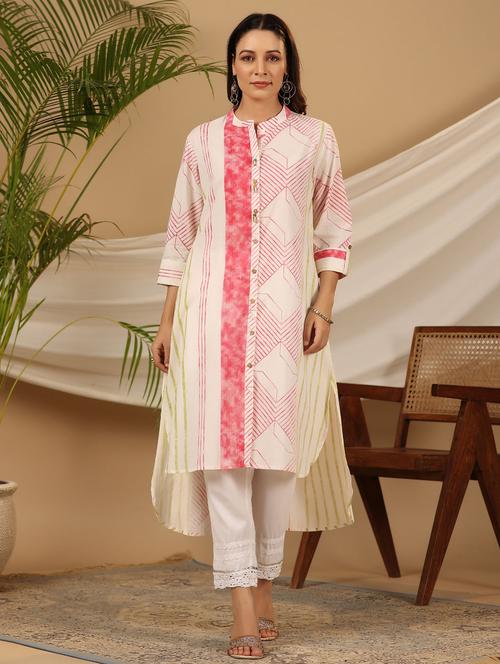 off white cotton high-low kurta - 21337719 - Very Small Image - 1