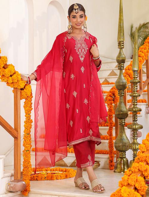 red embroidered kurta pant suit set - 21337740 - Very Small Image - 1