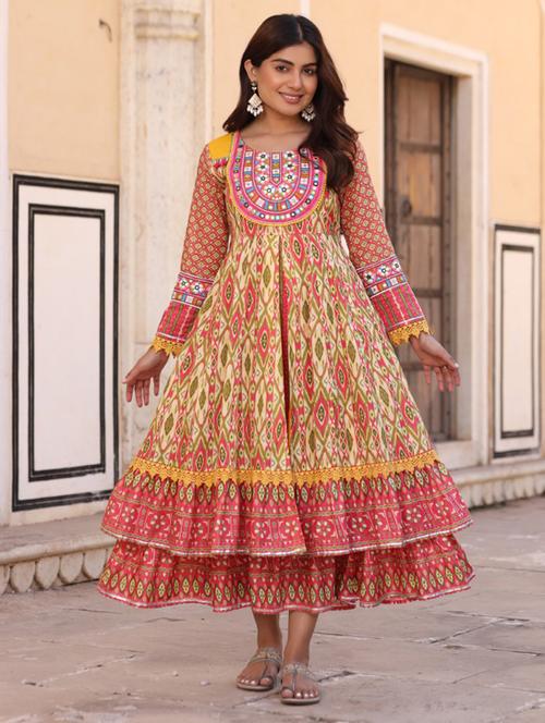 green cotton tiered ethnic dress - 21337858 - Very Small Image - 1