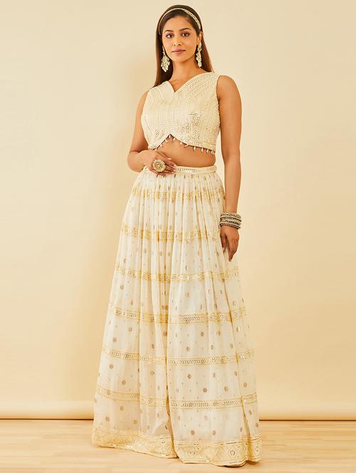 off white flared unstitched lehenga - 21337929 - Very Small Image - 1