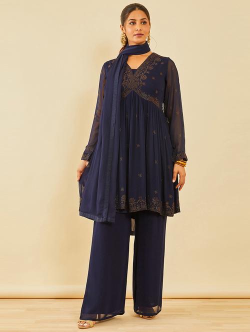 women navy blue embellished suit set - 21337939 - Very Small Image - 1