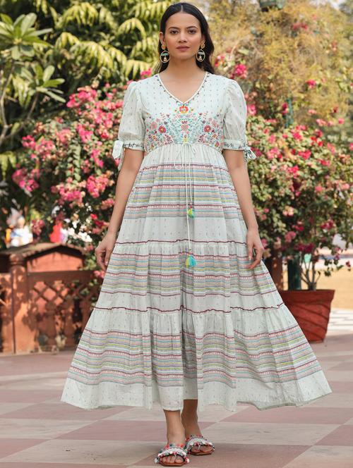 green cotton fit & flare ethnic dress - 21337954 - Very Small Image - 1
