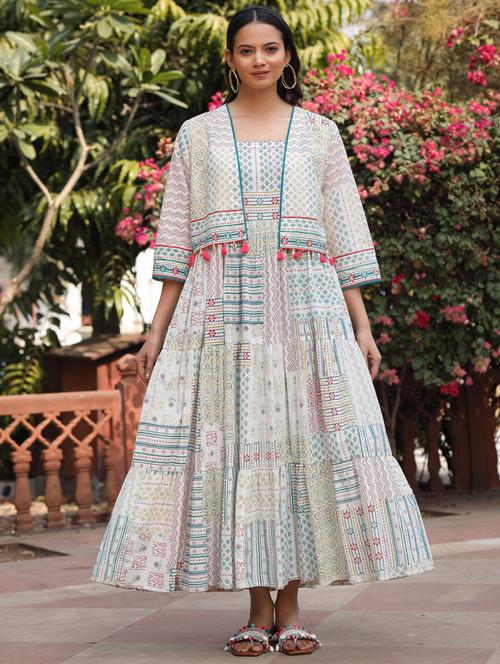 off white printed ethnic dress with jacket - 21337955 - Very Small Image - 1