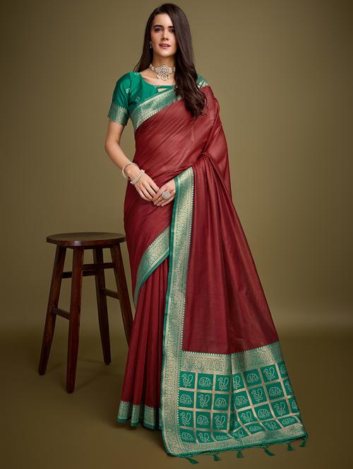 maroon handloom saree with blouse - 21338196 - Very Small Image - 1