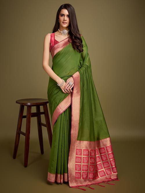 olive handloom saree with blouse - 21338197 - Very Small Image - 1