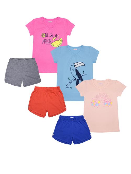 set of 3 multi colored cotton top & shorts set - 21338584 - Very Small Image - 1