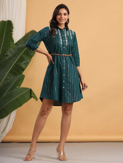 women teal shirt collar neck a-line dress - 21338624 - Very Small Image - 1