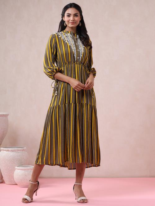women olive mandarin neck fit & flared dress - 21338628 - Very Small Image - 1