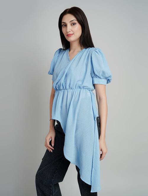 women checkered puff sleeves asymmetric top - 21341504 - Very Small Image - 1