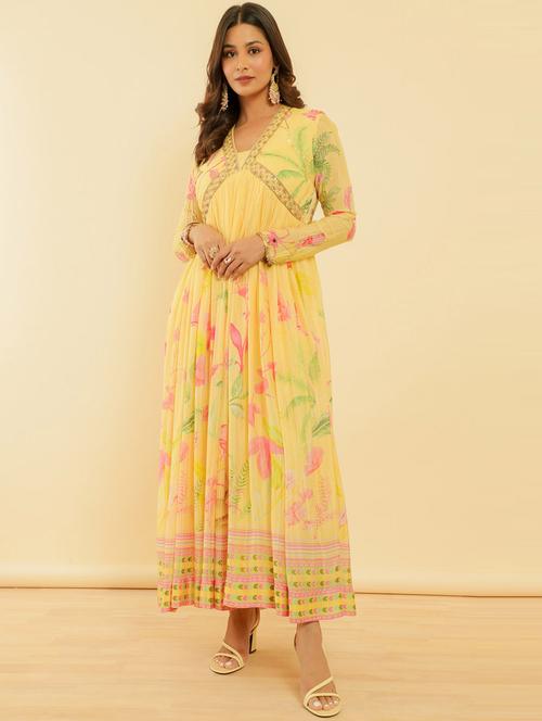 yellow synthetic a-line ethnic dress with dupatta - 21345733 - Very Small Image - 1