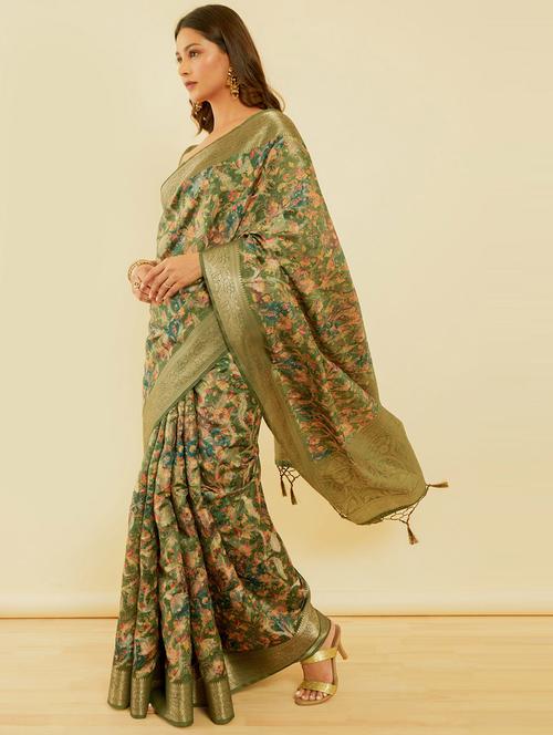 olive chanderi printed saree - 21345760 - Very Small Image - 1