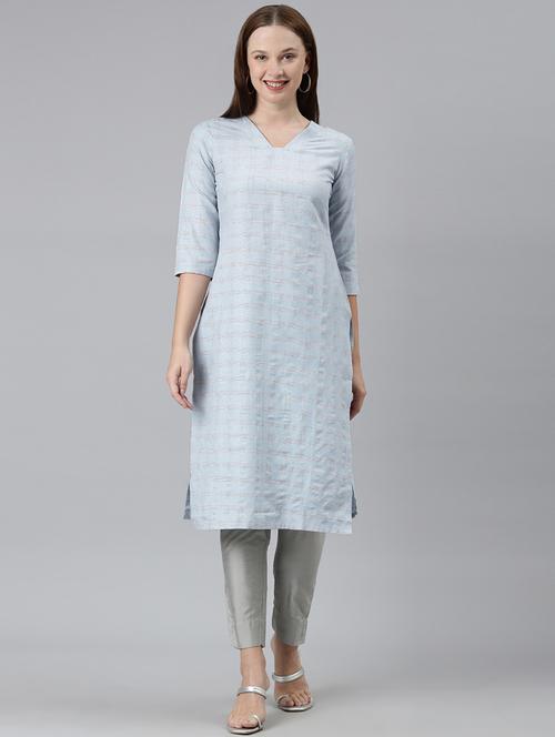 women light blue cotton straight kurta - 21347882 - Very Small Image - 1