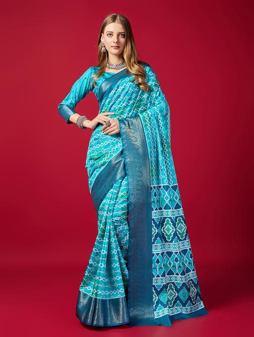 light blue printed saree with blouse - 21348665 - Very Small Image - 1