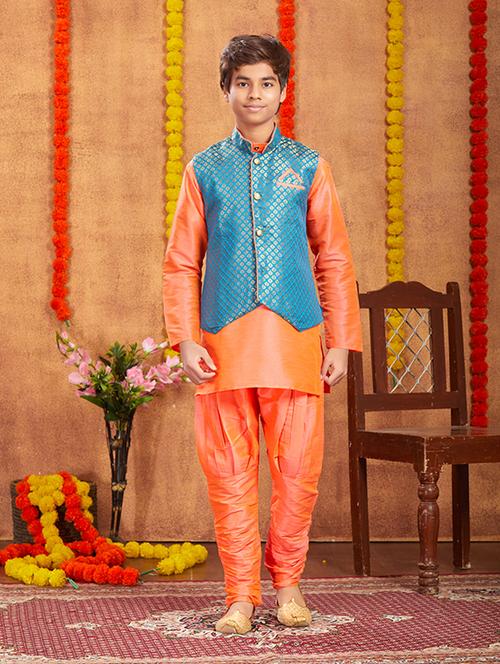 orange silk blend kurta salwar set - 21348769 - Very Small Image - 1