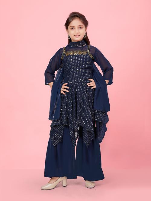 girls navy blue solid with work kurta palazzo set - 21348908 - Very Small Image - 1