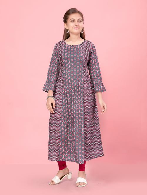 girls grey printed cotton kurta legging set - 21348954 - Very Small Image - 1
