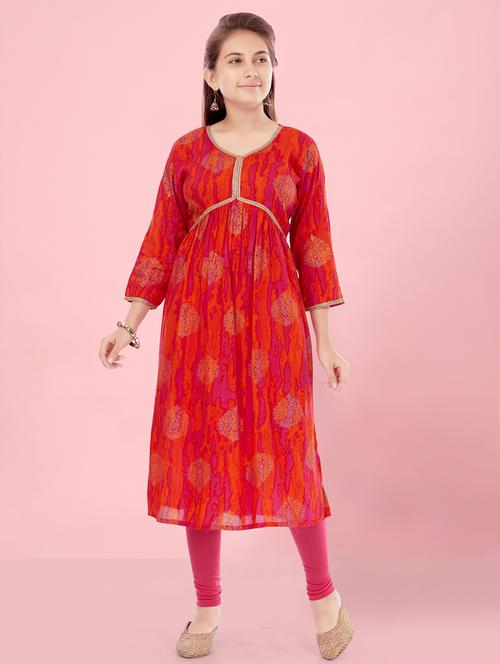 girls orange printed cotton kurta legging set - 21348994 - Very Small Image - 1