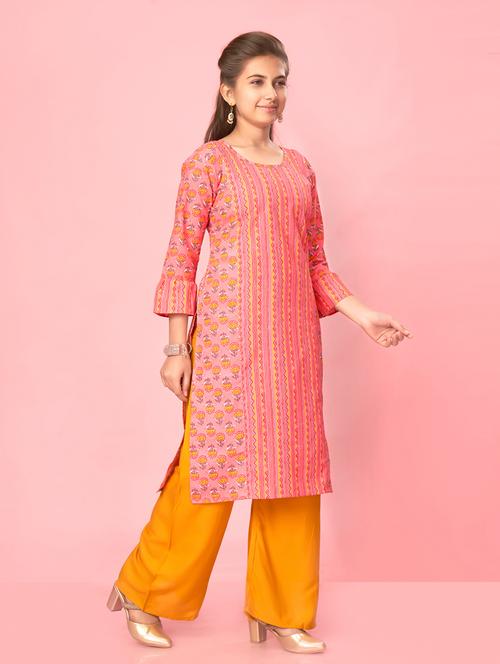 girls pink cotton kurta palazzo set - 21349012 - Very Small Image - 1