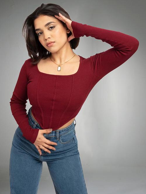 women solid long sleeves crop top - 21353034 - Very Small Image - 1