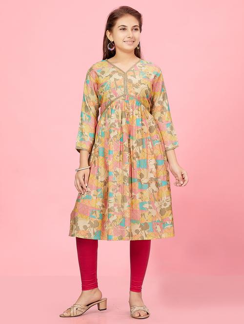 girls three quarter sleeve printed a-line kurti - 21357104 - Very Small Image - 1