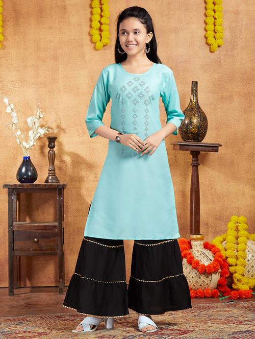 girls light blue round neck straight kurta - 21357129 - Very Small Image - 1