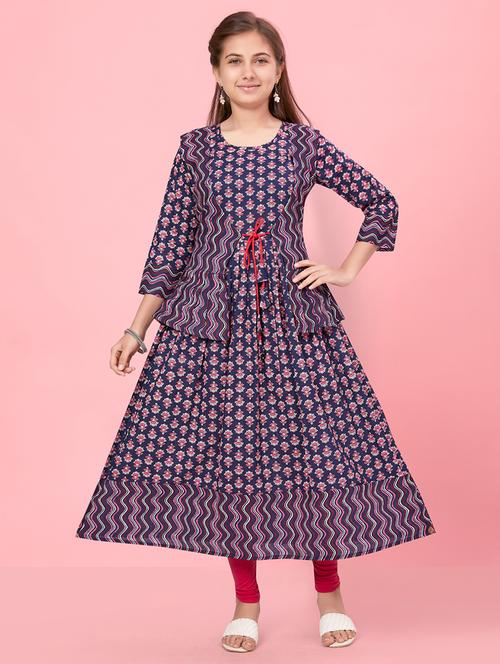 girls three quarter sleeve printed flared kurta - 21357146 - Very Small Image - 1