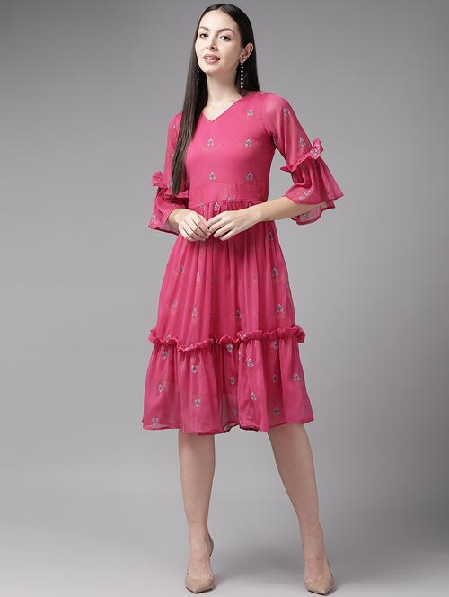 pink georgette fit & flare dress - 21357354 - Very Small Image - 1