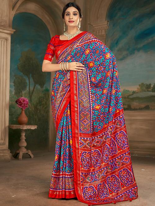 women blue geometric printed saree with blouse - 21357975 - Very Small Image - 1