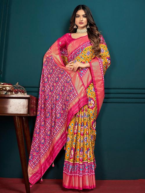 women printed zari bordered patola saree with blouse - 21358011 - Very Small Image - 1