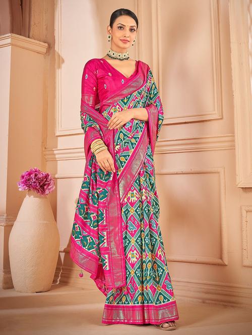 women printed zari bordered patola saree with blouse - 21358038 - Very Small Image - 1