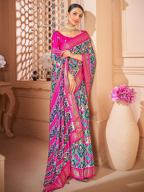 women printed zari bordered patola saree with blouse - 21358046 - Very Small Image - 1
