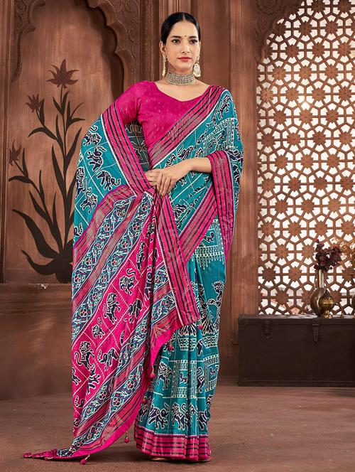 women printed zari bordered patola saree with blouse - 21358056 - Very Small Image - 1
