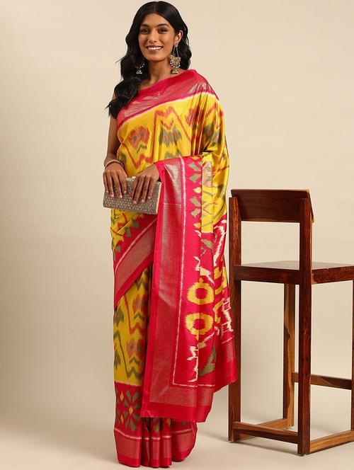 women yellow printed zari bordered saree with blouse - 21358500 - Very Small Image - 1