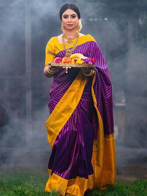 purple jacquard kanjivaram saree with blouse - 21358627 - Very Small Image - 1