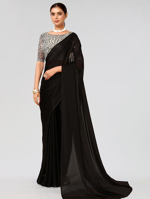 women black solid georgette saree with blouse - 21358769 - Very Small Image - 1