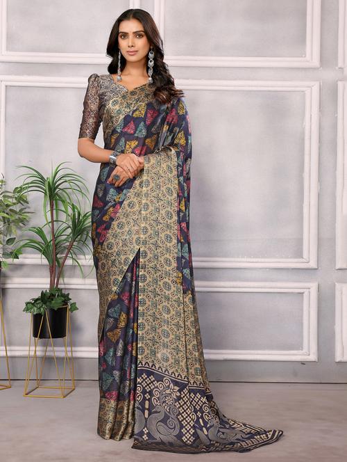 women blue printed chiffon saree with blouse - 21358792 - Very Small Image - 1