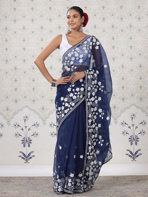 women blue embroidered saree with blouse - 21358854 - Very Small Image - 1