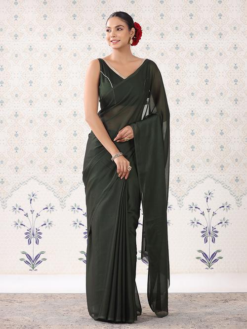 women green solid georgette saree with blouse - 21358858 - Very Small Image - 1