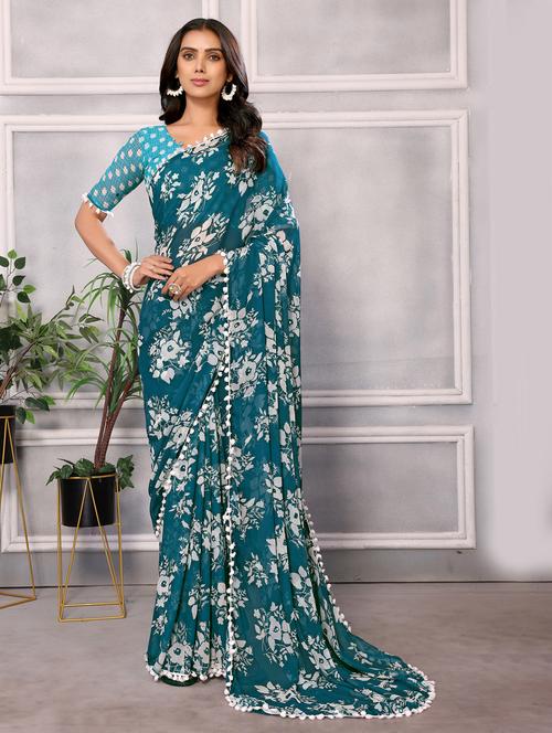 women teal floral printed saree with blouse - 21358895 - Very Small Image - 1