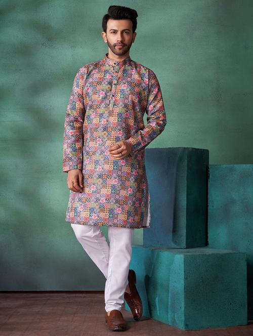 men mandarin neck printed kurta pyjama set - 21360030 - Very Small Image - 1