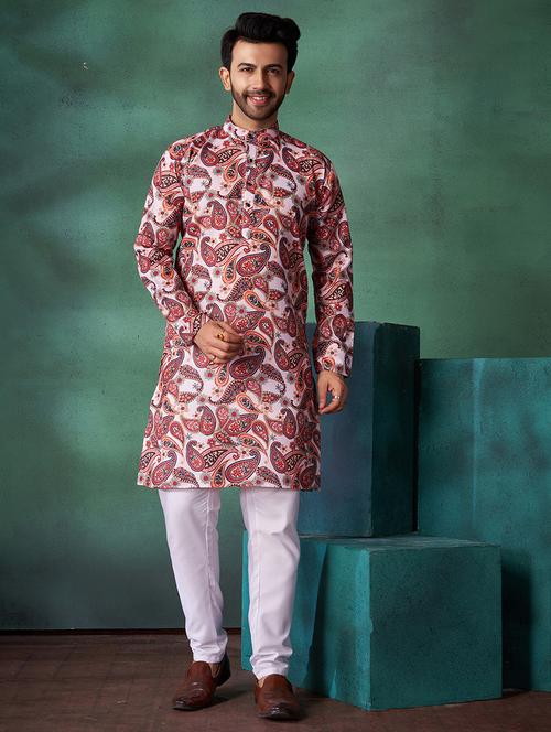 men printed mandarin neck long kurta - 21360050 - Very Small Image - 1