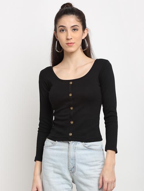 women round neck solid crop top - 21369460 - Very Small Image - 1