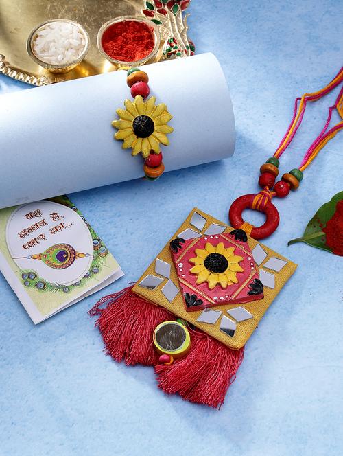 set of 2 stone & mirror studded rakhi set with roli chawal - 21370128 - Very Small Image - 1