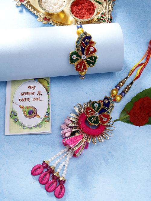 set of 2 stone-studded peacock design rakhi set with roli chawal - 21370145 - Very Small Image - 1