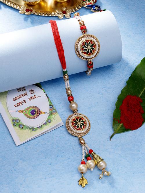 set of 2 stone-studded rakhi set with roli chawal - 21370150 - Very Small Image - 1