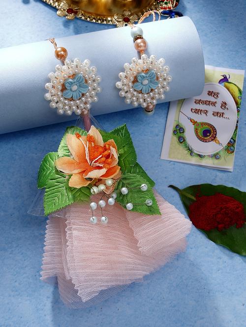 beads & artificial flower designed rakhi set with roli chawal - 21370179 - Very Small Image - 1
