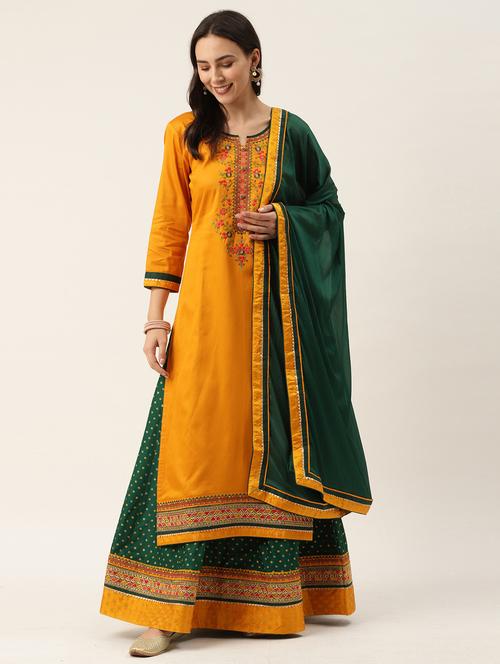 yellow three quarter sleeve kurta skirt set - 21370965 - Very Small Image - 1