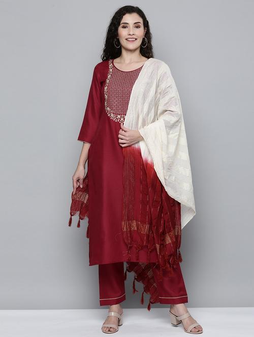 women maroon kurta pant set with dupatta - 21371012 - Very Small Image - 1